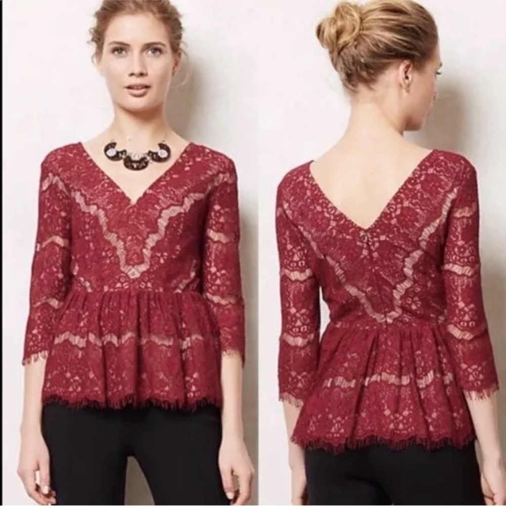 Anthropologie Wine Red Lace Peplum Top